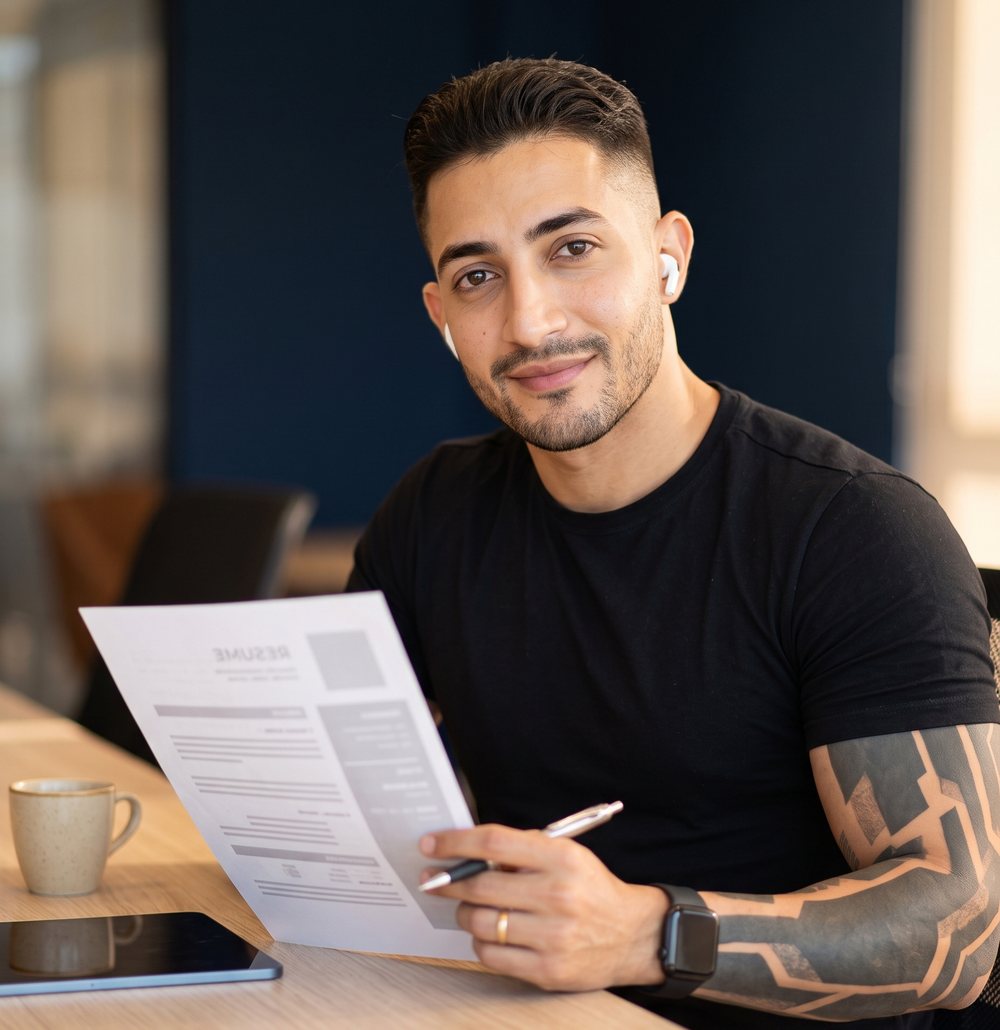 Jesús Romero revisando un currículum en su escritorio